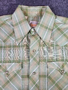 Vtg 70's Karman Pearl Snap Western Shirt USA Made 15/34 Long Tail Striped Rare